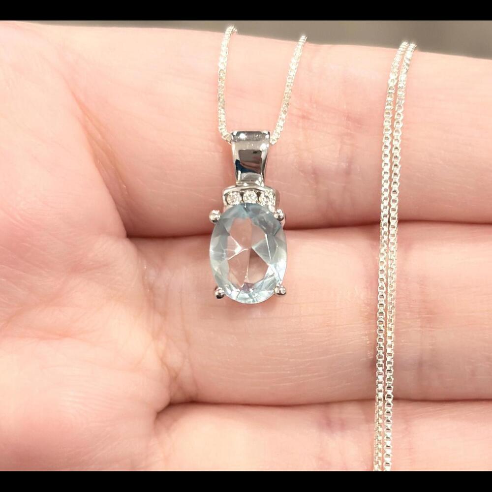 Blue Cubic Zirconia Pendant: Small light blue 10K solid white gold solit… - Picture 5 of 10